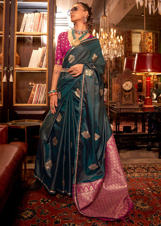 Bottle Green Elegant Satin Silk Saree – Evening Cocktail & Dinner Party Wear ClothsVilla