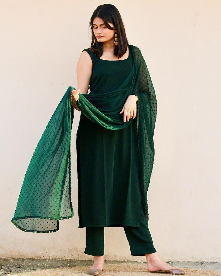 Bottle Green Elegant Soft Moss Scrape Kurta Suit Set with Chiffon Butty Dupatta Main image
