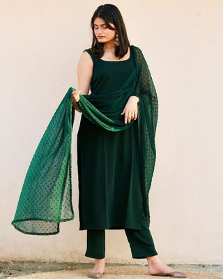 Bottle Green Elegant Soft Moss Scrape Kurta Suit Set with Chiffon Butty Dupatta