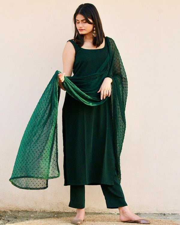 Bottle Green Elegant Soft Moss Scrape Kurta Suit Set with Chiffon Butty Dupatta
