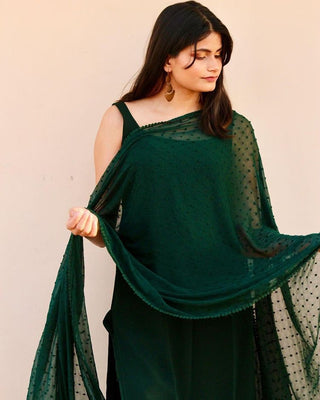 Bottle Green Elegant Soft Moss Scrape Kurta Suit Set with Chiffon Butty Dupatta