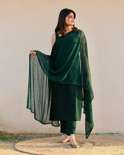 Bottle Green Elegant Soft Moss Scrape Kurta Suit Set with Chiffon Butty Dupatta