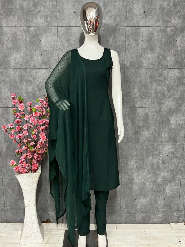 Bottle Green Elegant Soft Moss Scrape Kurta Suit Set with Chiffon Butty Dupatta