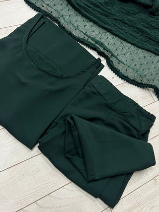 Bottle Green Elegant Soft Moss Scrape Kurta Suit Set with Chiffon Butty Dupatta