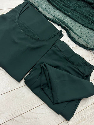 Bottle Green Elegant Soft Moss Scrape Kurta Suit Set with Chiffon Butty Dupatta