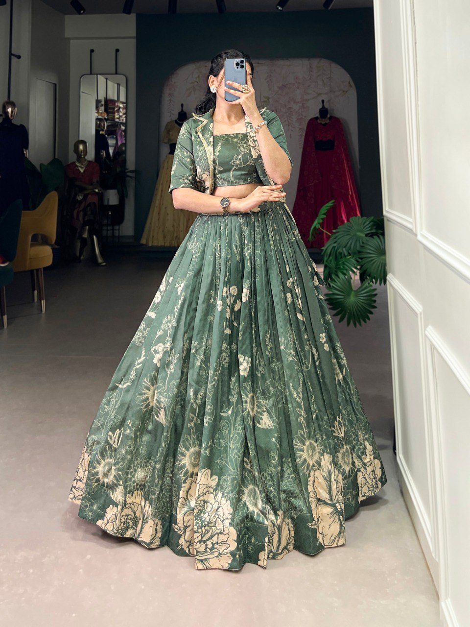 Bottle Green Elegant Tussar Silk Floral Co-ord Set – Lehenga, Blouse & Koti