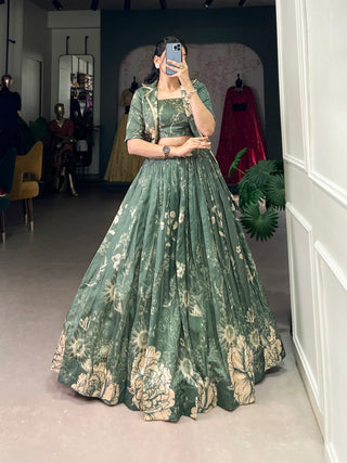 Bottle Green Elegant Tussar Silk Floral Co-ord Set – Lehenga, Blouse & Koti