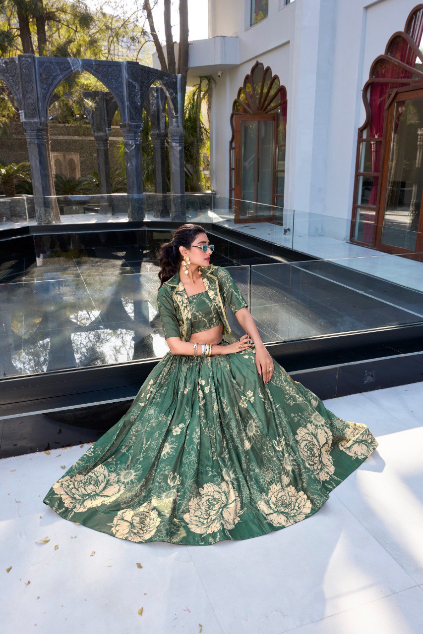Bottle Green Elegant Tussar Silk Floral Co-ord Set – Lehenga, Blouse & Koti Secondary image