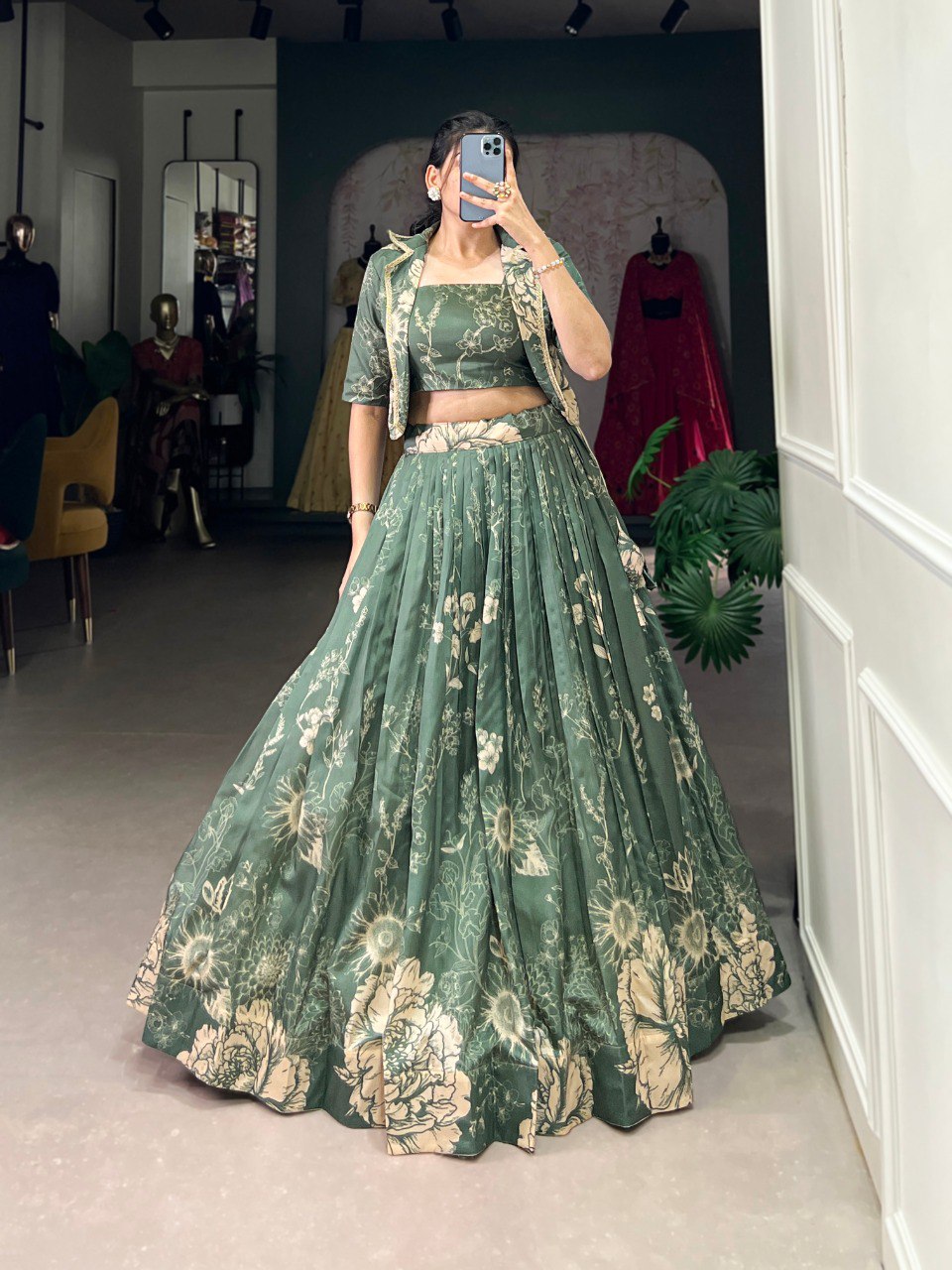 Bottle Green Elegant Tussar Silk Floral Co-ord Set – Lehenga, Blouse & Koti