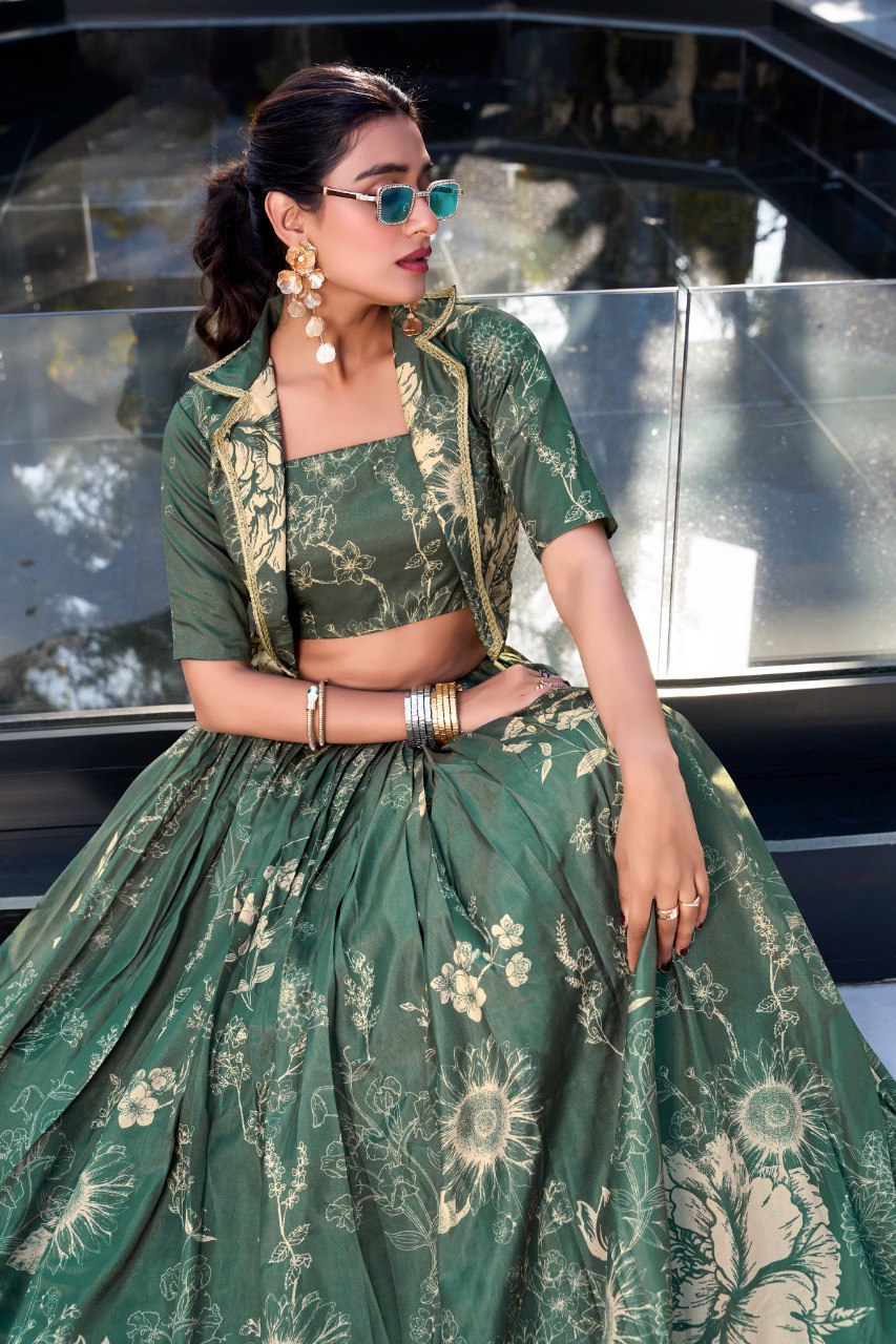 Bottle Green Elegant Tussar Silk Floral Co-ord Set – Lehenga, Blouse & Koti ClothsVilla