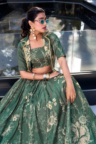 Bottle Green Elegant Tussar Silk Floral Co-ord Set – Lehenga, Blouse & Koti ClothsVilla