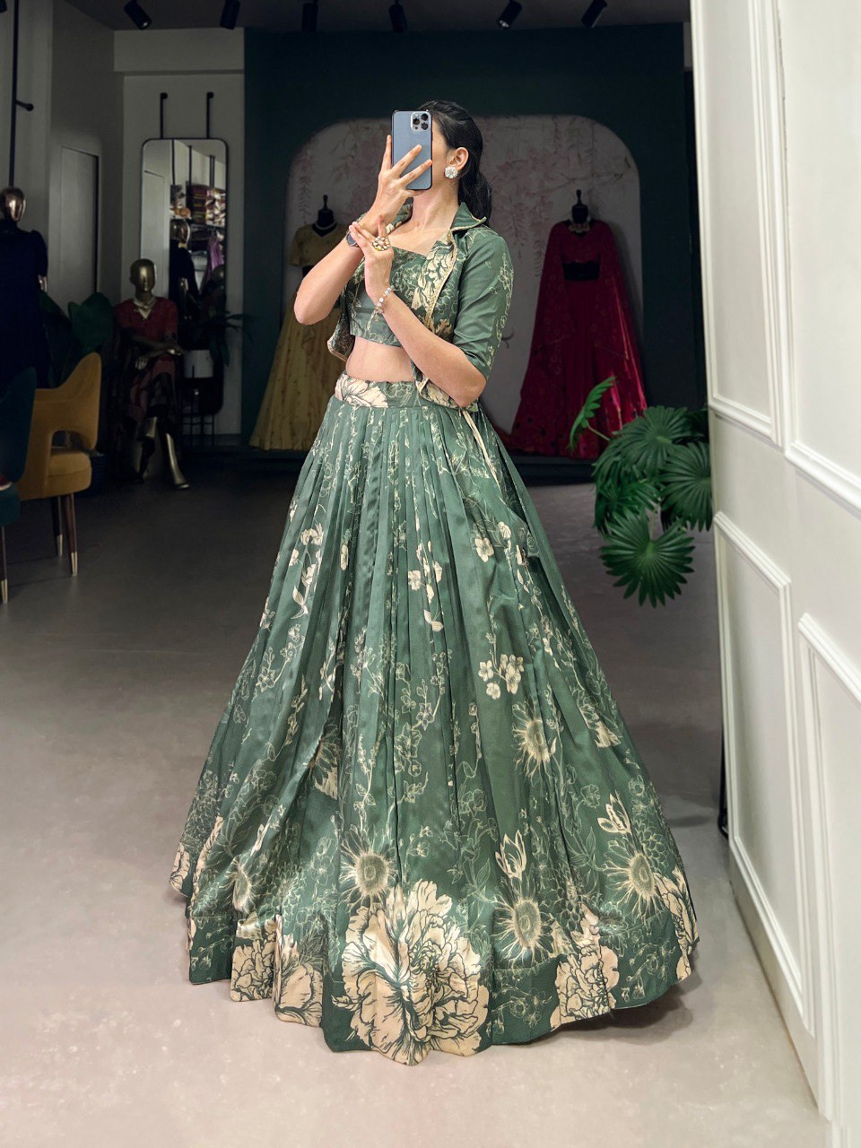 Bottle Green Elegant Tussar Silk Floral Co-ord Set – Lehenga, Blouse & Koti