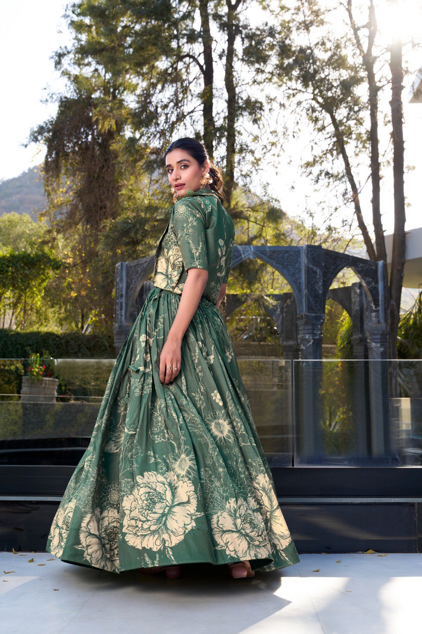 Bottle Green Elegant Tussar Silk Floral Co-ord Set – Lehenga, Blouse & Koti ClothsVilla