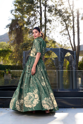 Bottle Green Elegant Tussar Silk Floral Co-ord Set – Lehenga, Blouse & Koti ClothsVilla