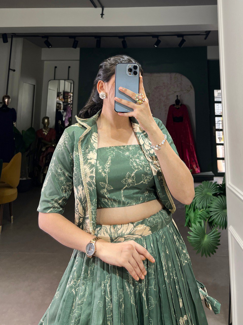 Bottle Green Elegant Tussar Silk Floral Co-ord Set – Lehenga, Blouse & Koti