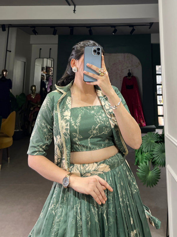Bottle Green Elegant Tussar Silk Floral Co-ord Set – Lehenga, Blouse & Koti