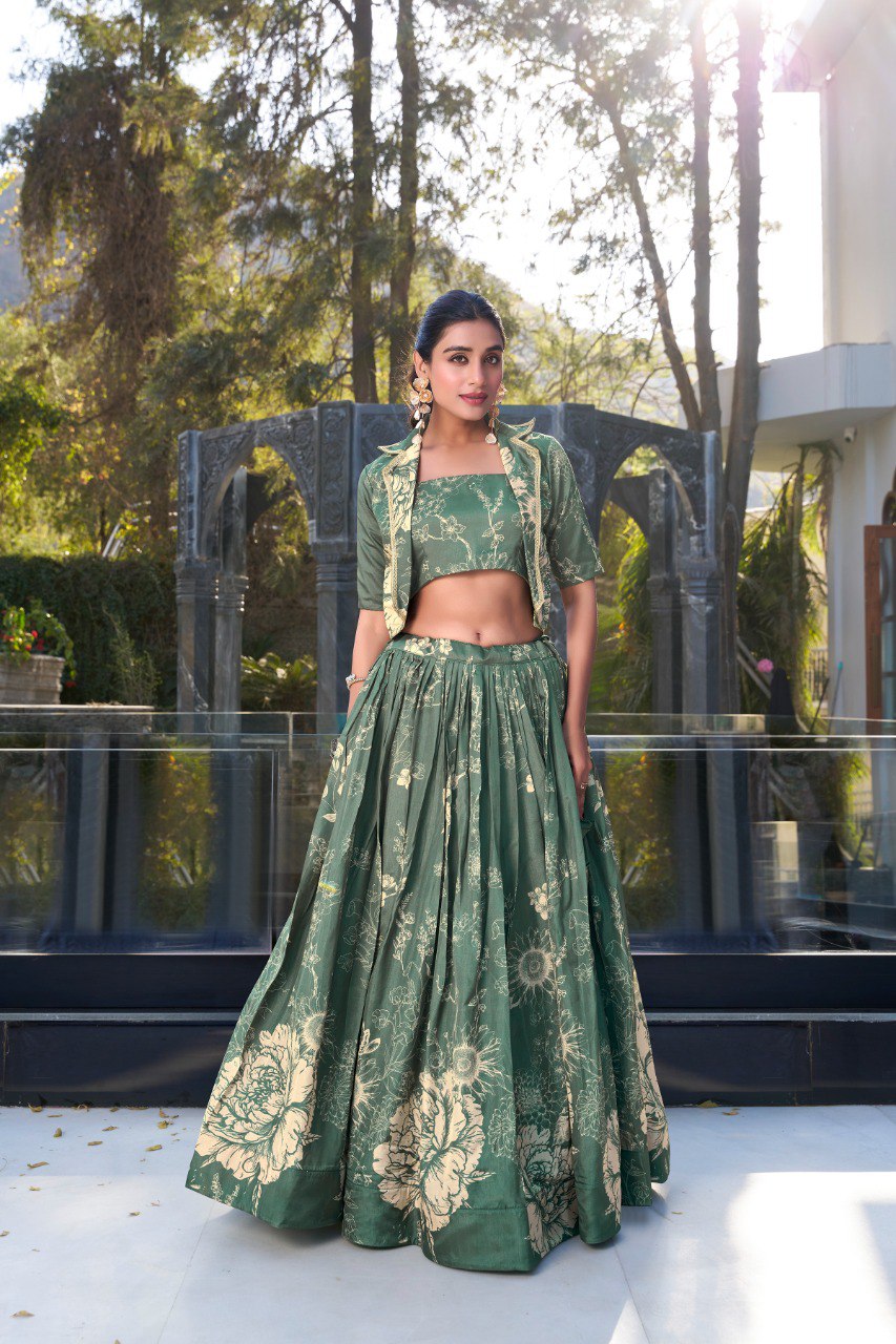 Bottle Green Elegant Tussar Silk Floral Co-ord Set – Lehenga, Blouse & Koti ClothsVilla