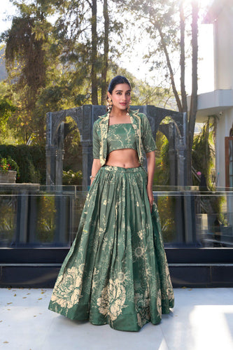 Bottle Green Elegant Tussar Silk Floral Co-ord Set – Lehenga, Blouse & Koti ClothsVilla