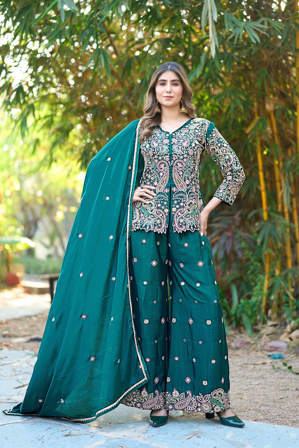 Bottle Green Embroidered Palazzo Set ClothsVilla