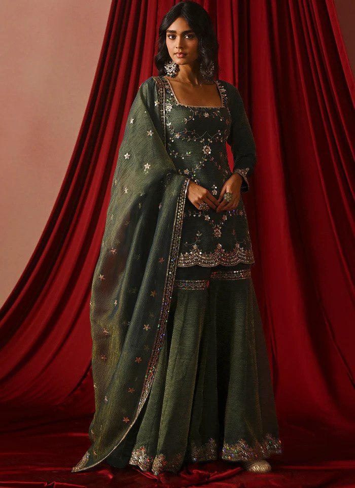 Bottle Green Embroidered Sharara Set ClothsVilla