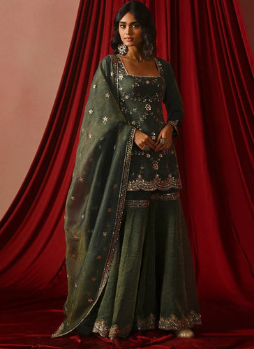 Bottle Green Embroidered Sharara Set ClothsVilla