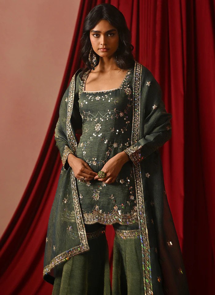 Bottle Green Embroidered Sharara Set ClothsVilla