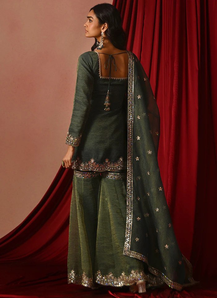Bottle Green Embroidered Sharara Set ClothsVilla