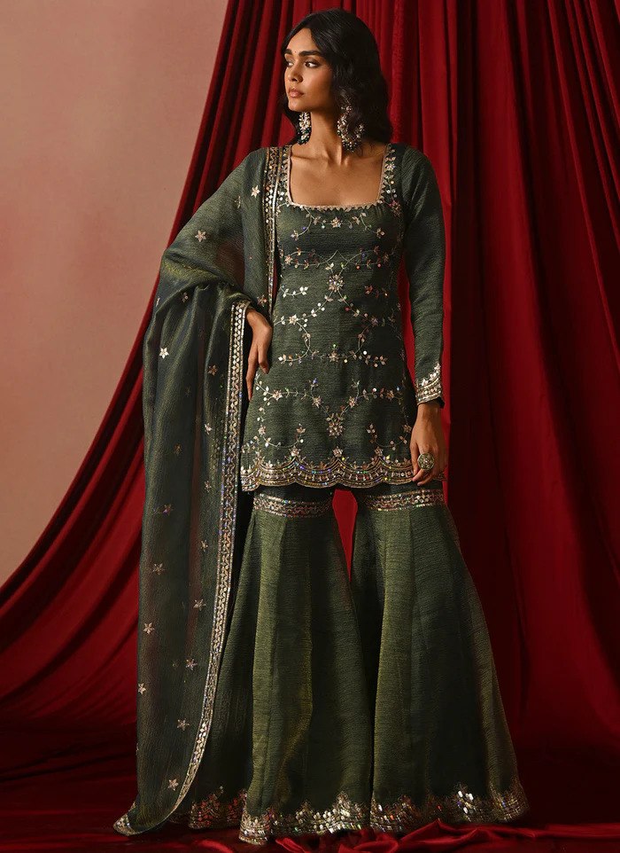 Bottle Green Embroidered Sharara Set ClothsVilla