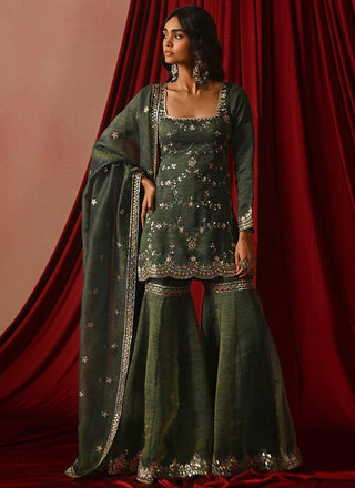 Bottle Green Embroidered Sharara Set ClothsVilla