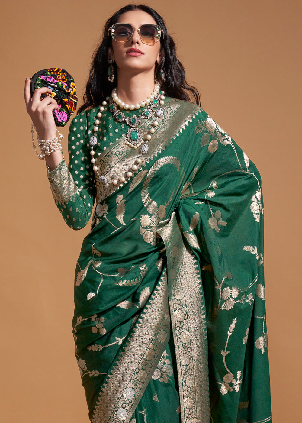 Bottle Green Fairytale Banarasi Georgette Silk Saree with Brocade Blouse – Summer Glam Edition Secondary image