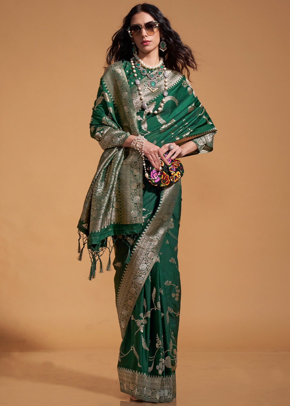 Bottle Green Fairytale Banarasi Georgette Silk Saree with Brocade Blouse – Summer Glam Edition ClothsVilla Main image