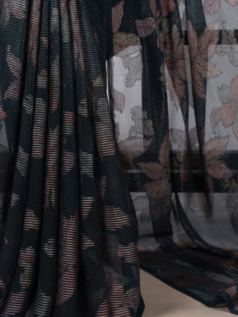 Bottle Green Floral Lurex Brasso Saree with Unstitched Blouse – Elegant Viscose Brasso Work ClothsVilla