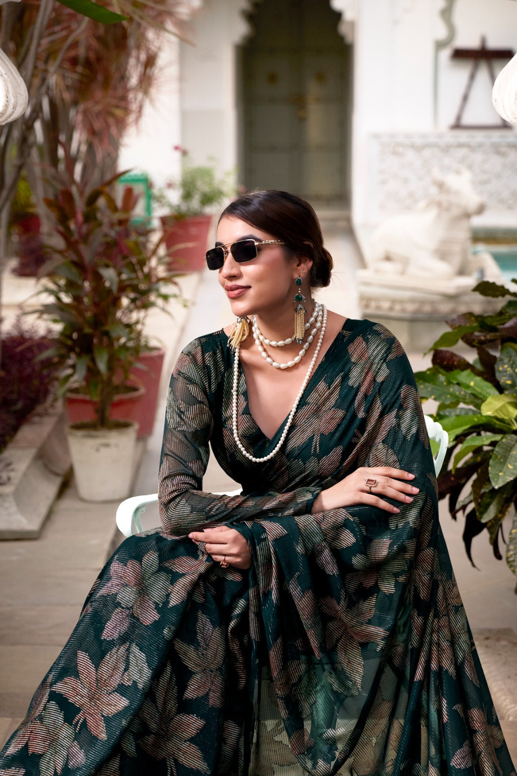 Bottle Green Floral Lurex Brasso Saree with Unstitched Blouse – Elegant Viscose Brasso Work ClothsVilla