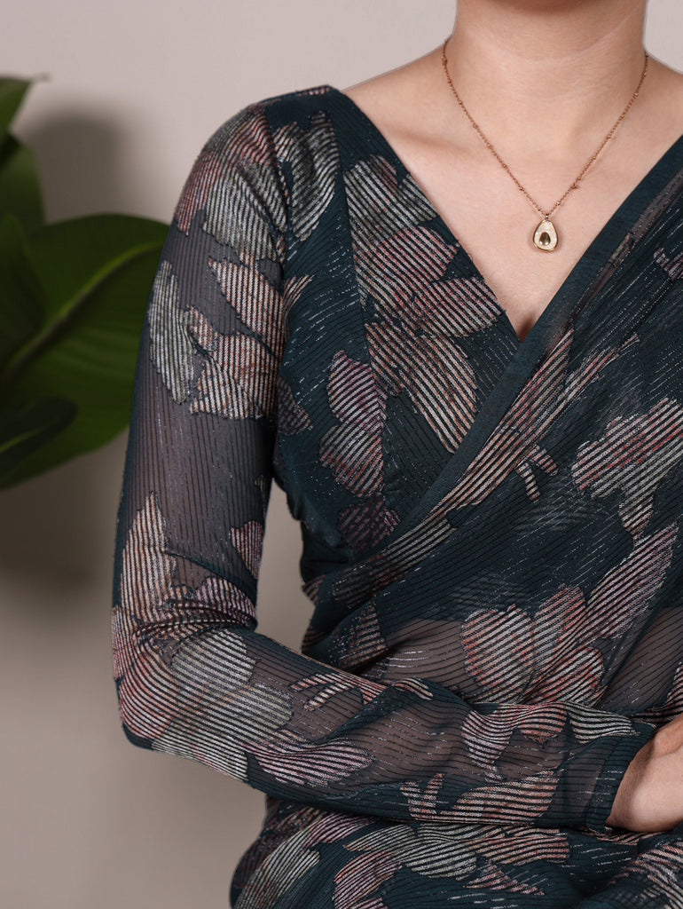 Bottle Green Floral Lurex Brasso Saree with Unstitched Blouse – Elegant Viscose Brasso Work ClothsVilla