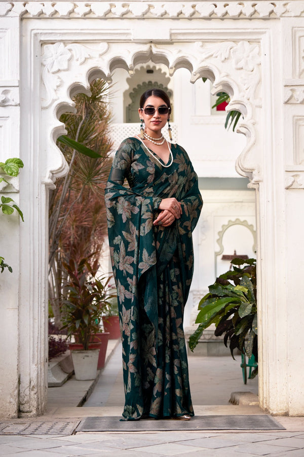 Bottle Green Floral Lurex Brasso Saree with Unstitched Blouse – Elegant Viscose Brasso Work ClothsVilla
