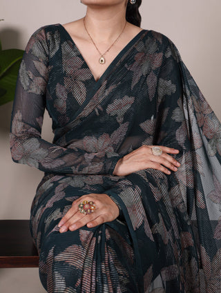 Bottle Green Floral Lurex Brasso Saree with Unstitched Blouse – Elegant Viscose Brasso Work ClothsVilla