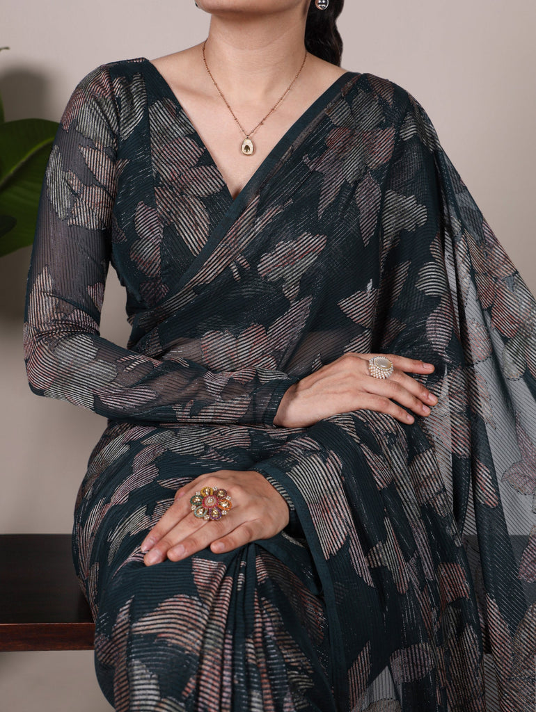 Bottle Green Floral Lurex Brasso Saree with Unstitched Blouse – Elegant Viscose Brasso Work ClothsVilla