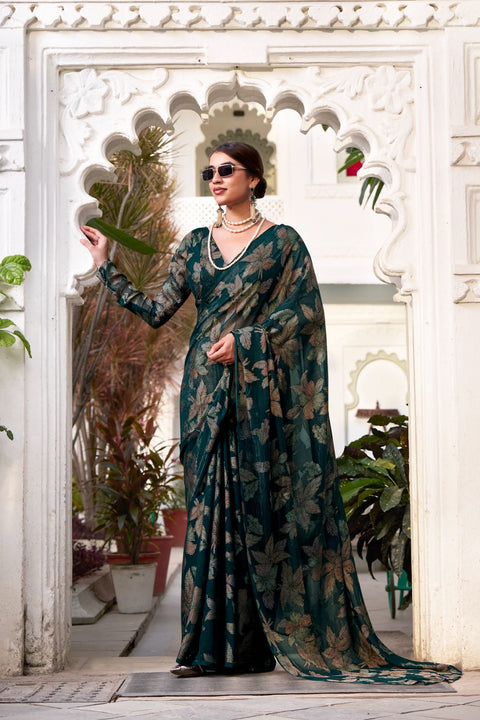 Bottle Green Floral Lurex Brasso Saree with Unstitched Blouse – Elegant Viscose Brasso Work ClothsVilla Main image