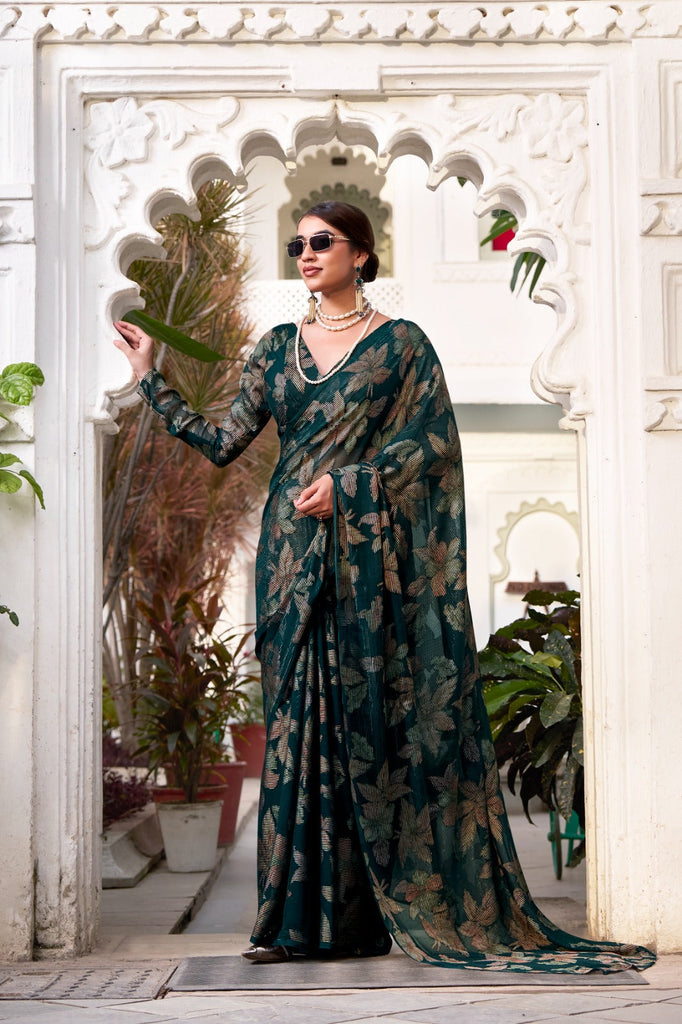 Bottle Green Floral Lurex Brasso Saree with Unstitched Blouse – Elegant Viscose Brasso Work ClothsVilla