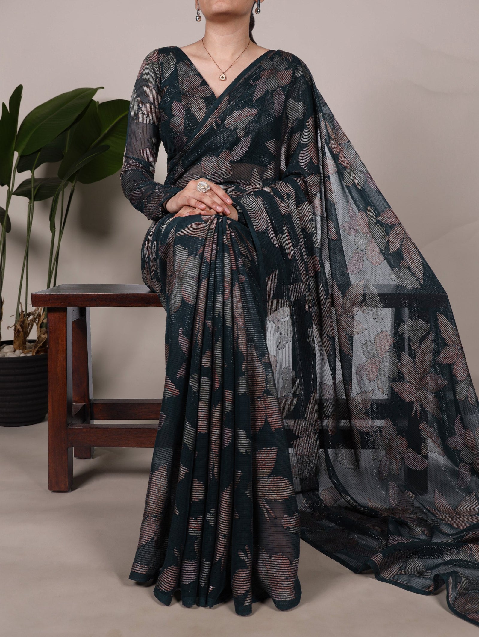 Bottle Green Floral Lurex Brasso Saree with Unstitched Blouse – Elegant Viscose Brasso Work ClothsVilla