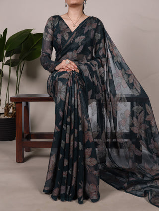 Bottle Green Floral Lurex Brasso Saree with Unstitched Blouse – Elegant Viscose Brasso Work ClothsVilla