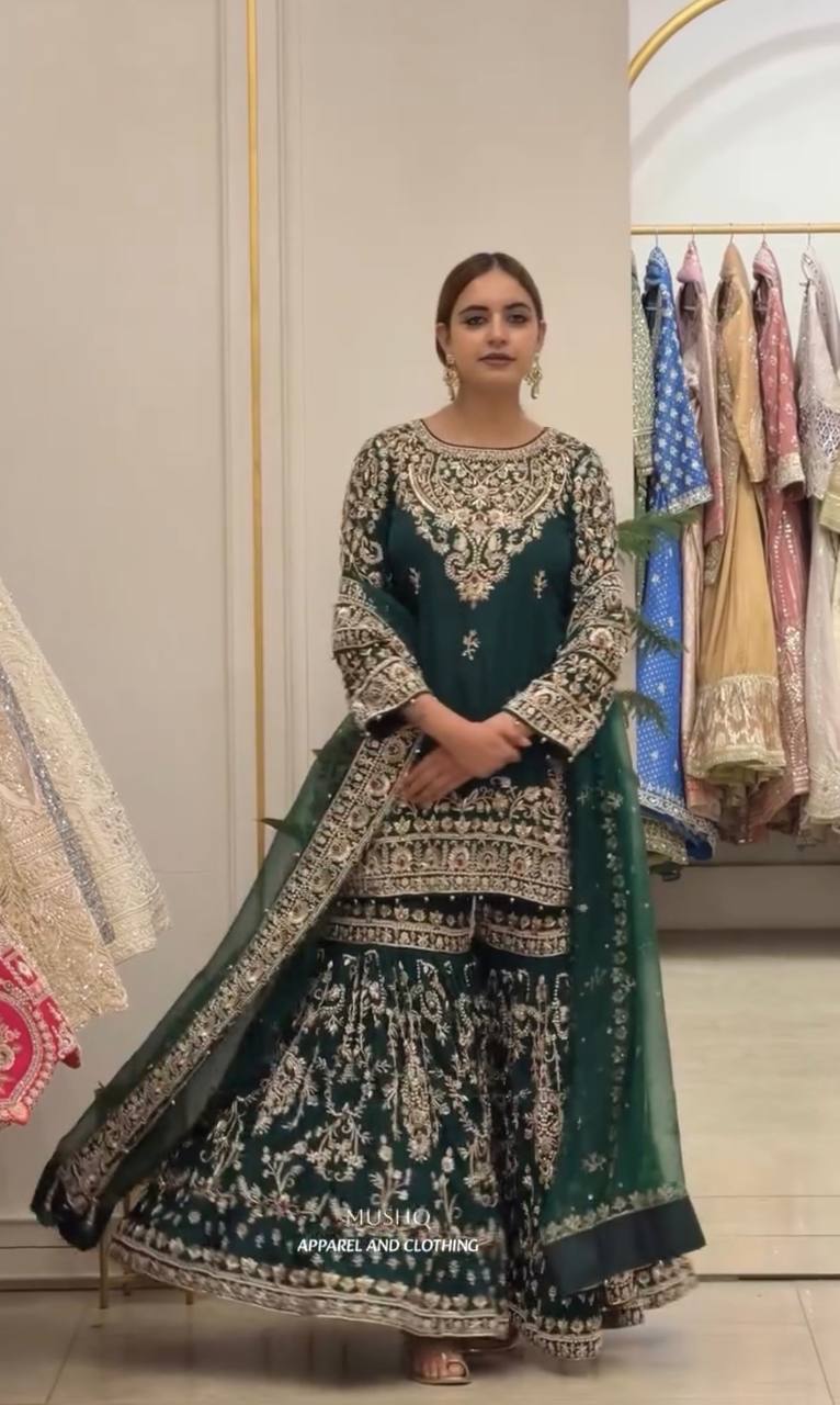 Bottle Green Georgette Embroidered Sharara Suit ClothsVilla