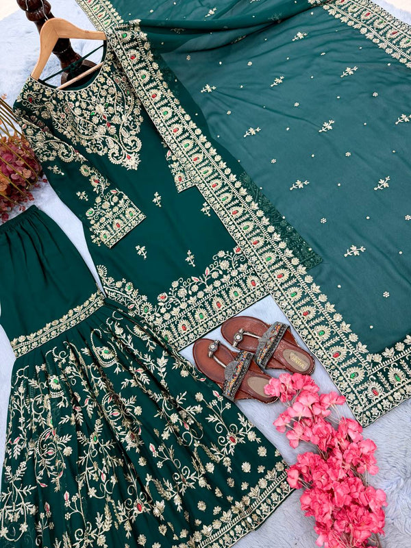 Bottle Green Georgette Embroidered Sharara Suit ClothsVilla