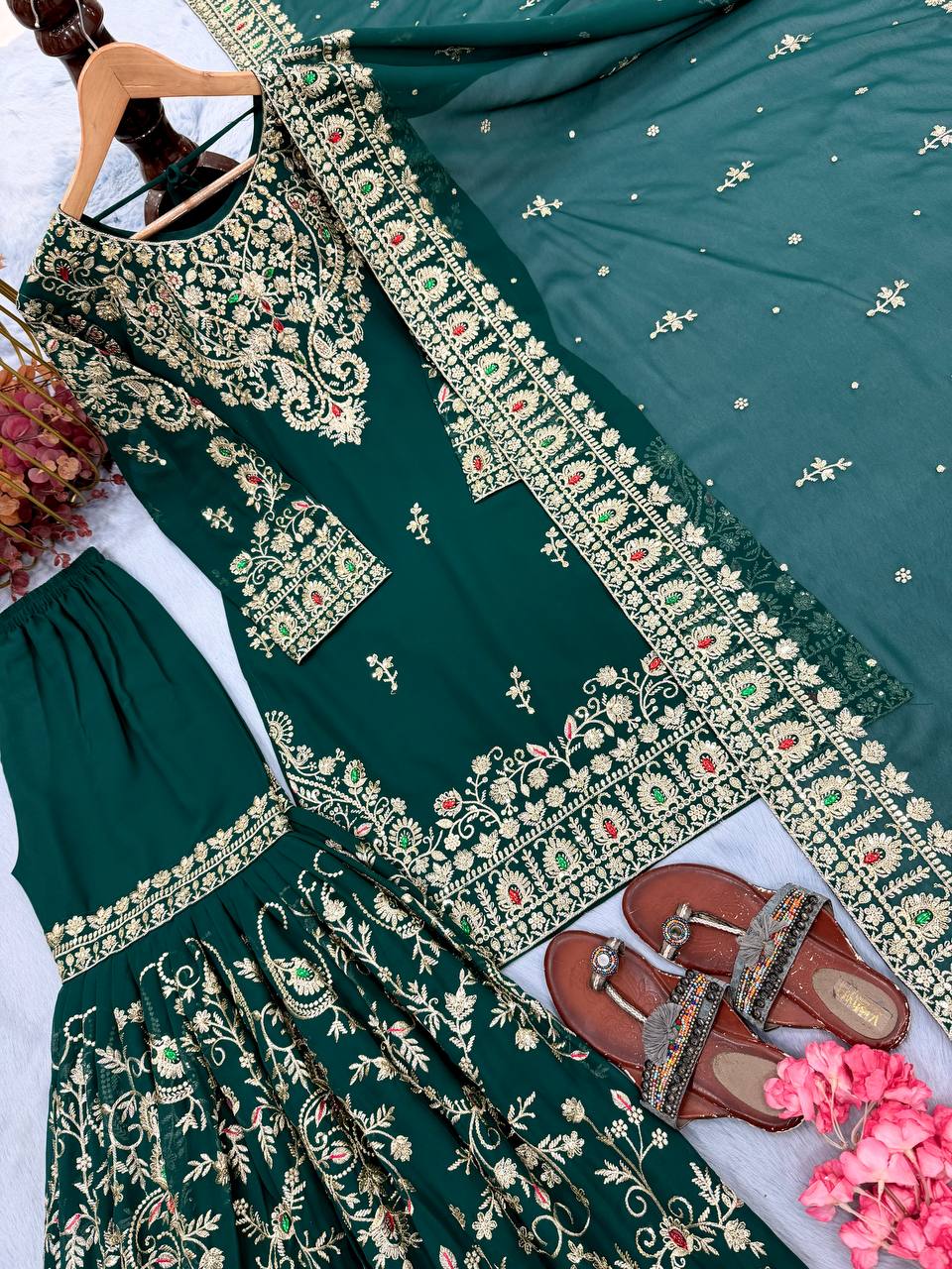 Bottle Green Georgette Embroidered Sharara Suit ClothsVilla