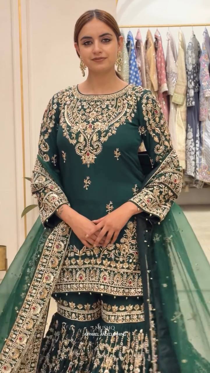Bottle Green Georgette Embroidered Sharara Suit ClothsVilla