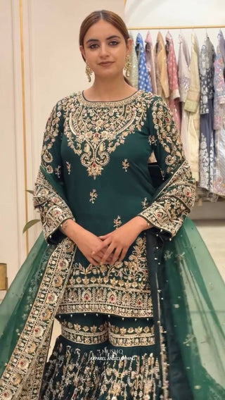 Bottle Green Georgette Embroidered Sharara Suit ClothsVilla