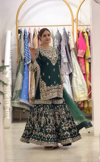 Bottle Green Georgette Embroidered Sharara Suit ClothsVilla