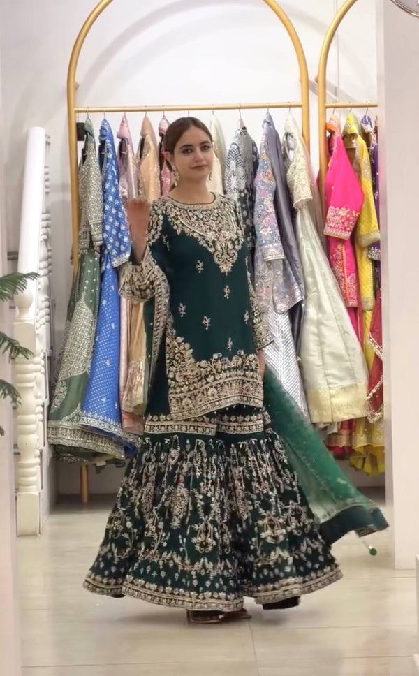 Bottle Green Georgette Embroidered Sharara Suit ClothsVilla