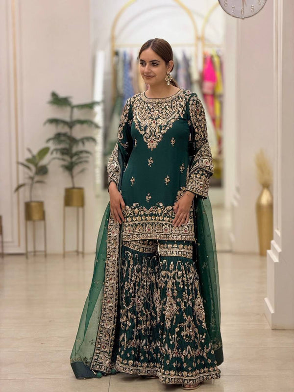 Bottle Green Georgette Embroidered Sharara Suit ClothsVilla
