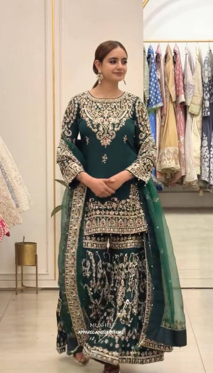 Bottle Green Georgette Embroidered Sharara Suit ClothsVilla